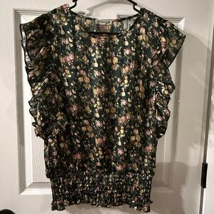 Pleione Green and Gold Ruffled Smocked Blouse C0261